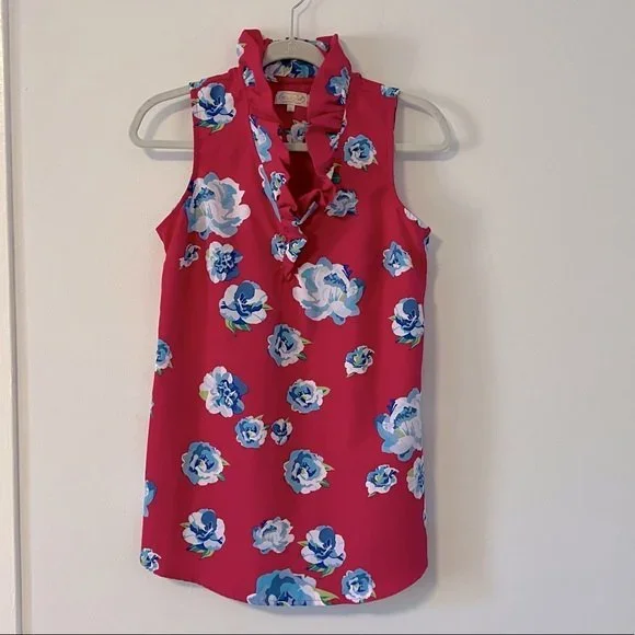 MUDPIE Pink Floral Whitney Sleeveless Tunic Top with Ruffled Neckline, Size S - Picture 1 of 9